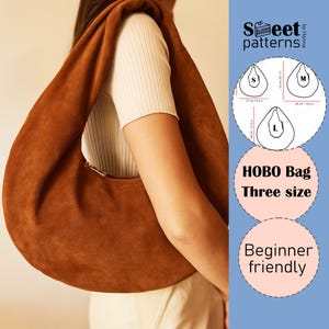 Könnte beinhalten: Eine braune Hobo-Tasche aus Wildleder mit Reißverschluss. Die Tasche wird in einem dreigrößigen Muster mit Maßen in Zentimetern gezeigt. Der Text "HOBO Bag Three size Beginner friendly" ist ebenfalls enthalten.