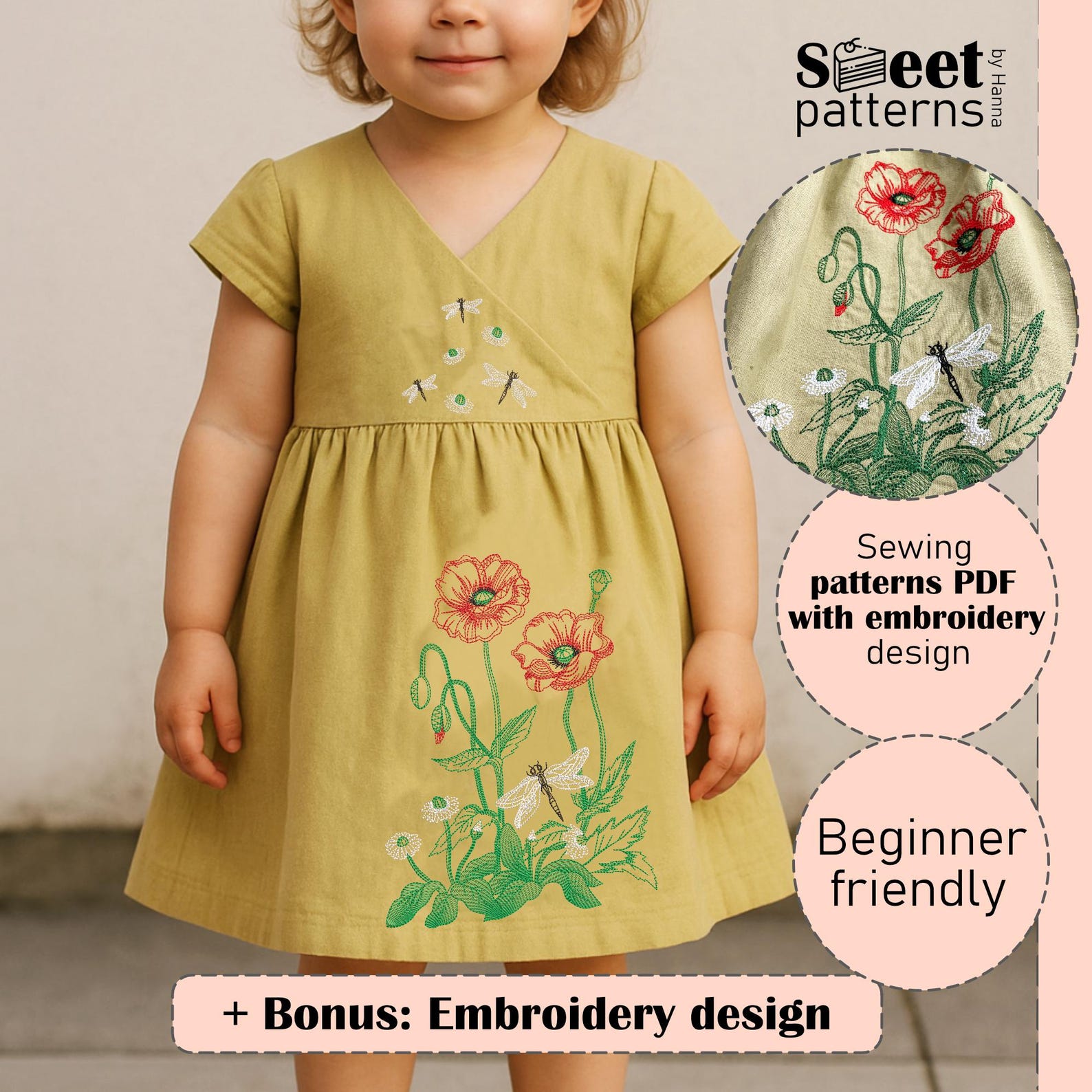 Kids Dress & Bucket Hat Sewing Pattern Set With Embroidery (PDF Pattern ...