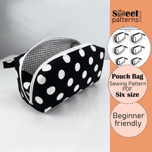 Puede incluir: Bolsa de tela negra con lunares blancos, cremallera y asa blancas. El interior tiene un patrón de cuadrícula en blanco y negro. El texto dice: "Pouch Bag Sewing Pattern PDF Six size Beginner friendly."