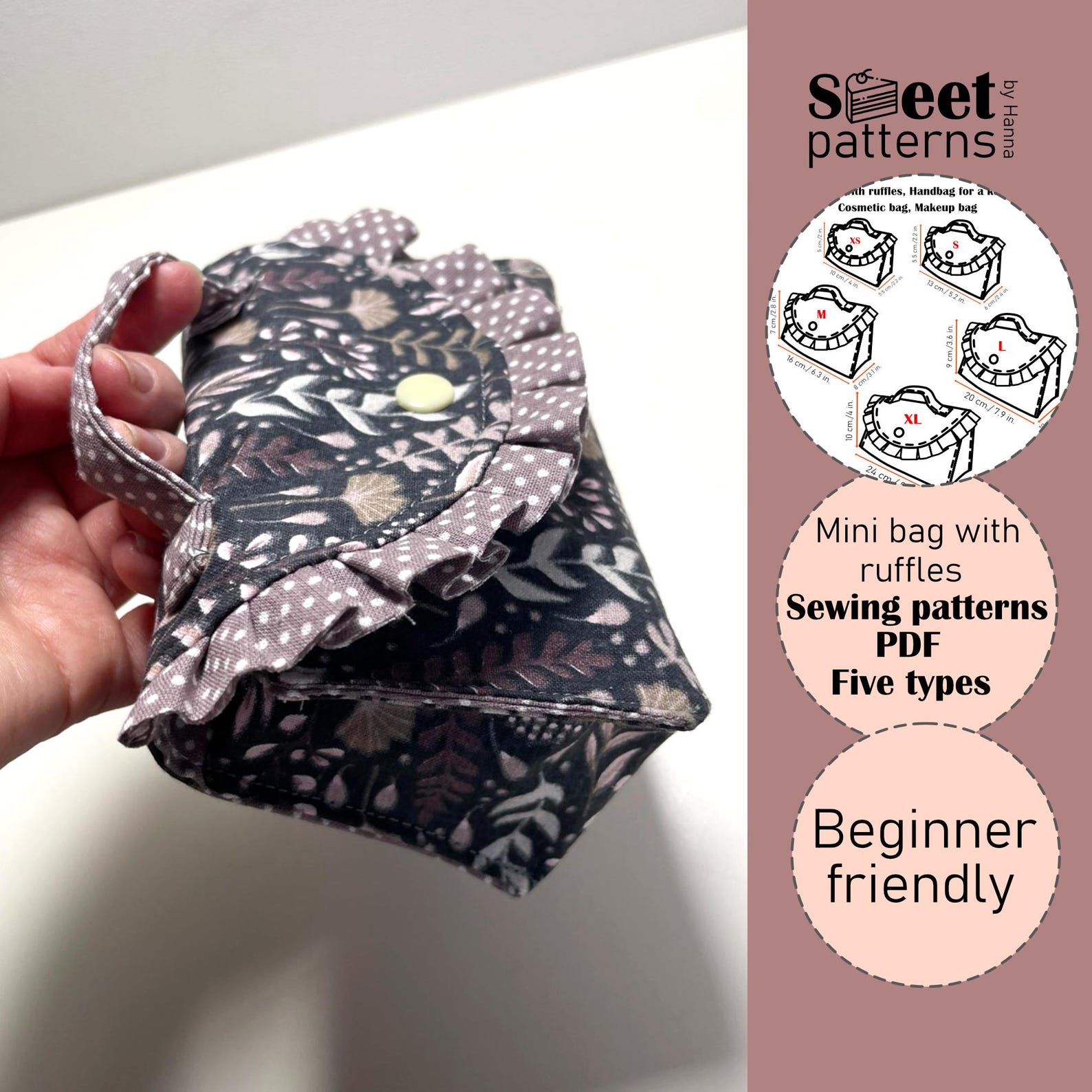 Mini Bag With Ruffles Sewing Pattern PDF ,5 Sizes, Cosmetic Bag, Clutch ...