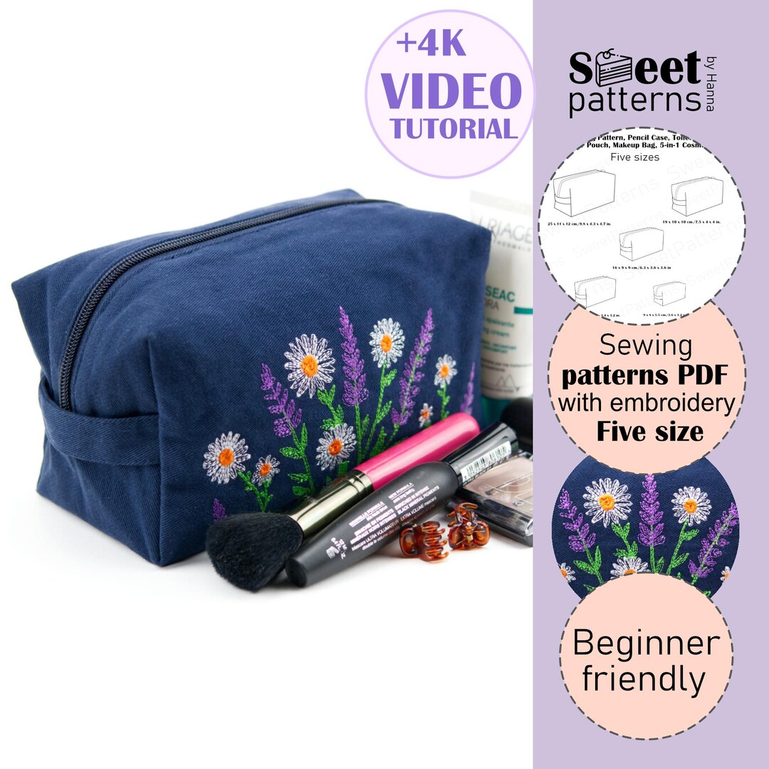 Cosmetic Pouch Sewing Pattern PDF With Embroidery, Makeup Bag PDF, 5 ...