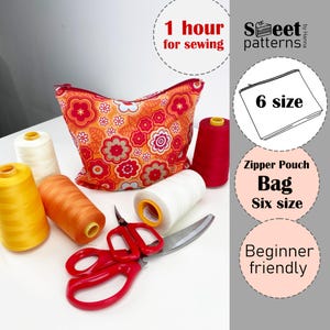 May include: An orange floral zipper pouch bag with spools of thread in various colors, including yellow, orange, red, and white. Red scissors are also present. The text indicates the project takes 1 hour and is beginner-friendly.