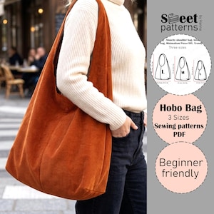 Peut inclure: Un grand sac hobo en velours côtelé orange brûlé avec une large bandoulière. Le sac est présenté dans une prise de vue lifestyle, avec du texte indiquant qu'il s'agit d'un patron de couture disponible en trois tailles. Le texte indique également que le patron est adapté aux débutants.
