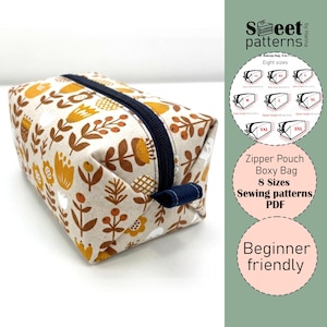Patron de couture PDF pour pochette cosmétique, Patron de couture PDF pour pochette classique rectangulaire (8 tailles), Sac à fermeture éclair pour débutants, Patron de mini-sac PDF