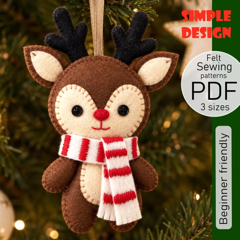 Bag Charm Christmas Reindeer Felt Sewing Pattern PDF, Felt Ornament