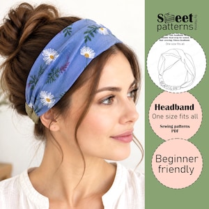 May include: A blue fabric headband featuring a white daisy and green leaf pattern. The headband has a twisted front design and an elasticated back section. Text on the side includes Sweet patterns by Hanna, Headband, One size fits all, Sewing patterns PDF, and Beginner friendly.