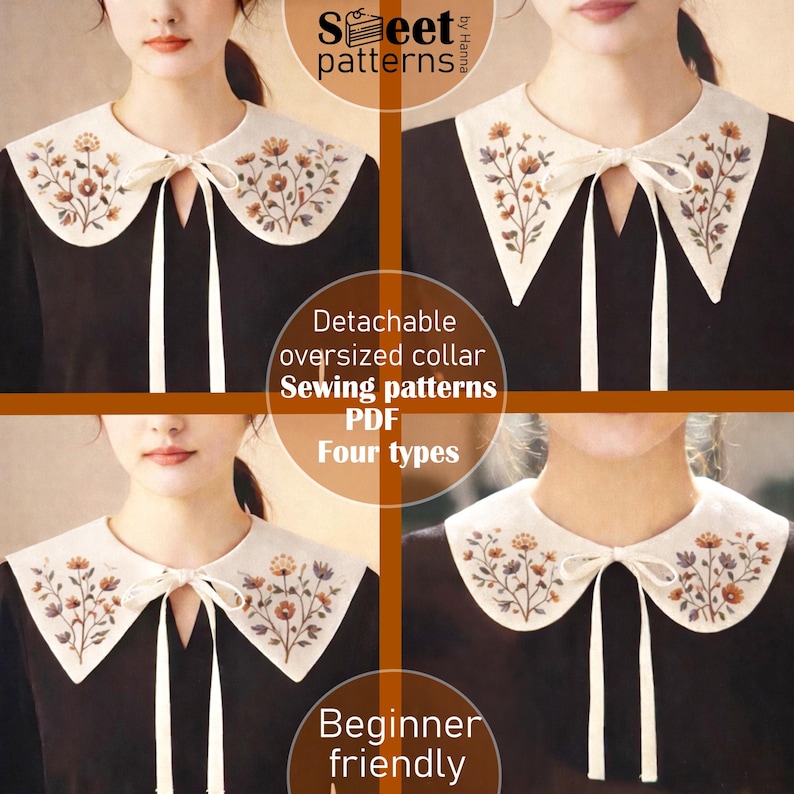 Collar Detachable Sewing Pattern PDF, 4 types, Women's Detachable Peter Pan, Oversized Pattern, Collar Sewing Pattern Bundle, False Collar image 5