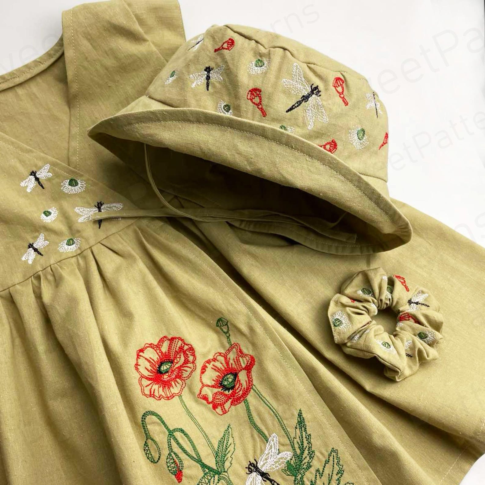 Kids Dress & Bucket Hat Sewing Pattern Set With Embroidery (PDF Pattern ...