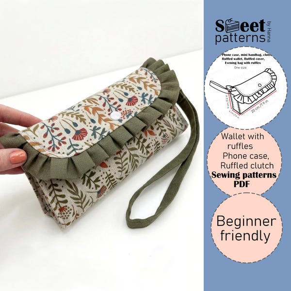 Wallet with ruffles Sewing Pattern PDF ,5 Sizes, Phone case, Clutch, Evening bag PDF, Key case Pattern PDF, Phone bag