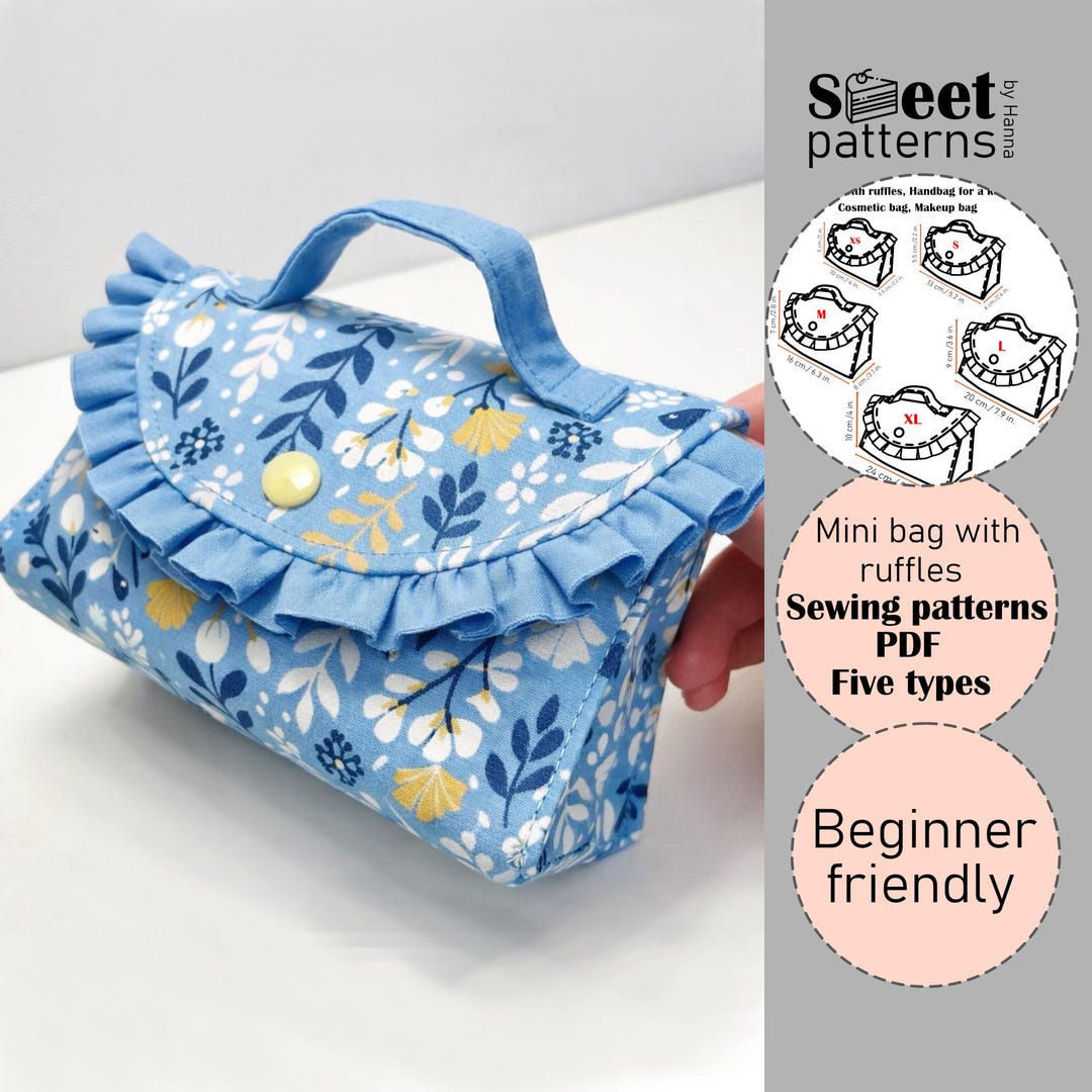 Mini Bag With Ruffles Sewing Pattern PDF ,5 Sizes, Cosmetic Bag, Clutch ...