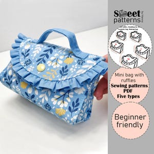 May include: A blue floral print mini bag with ruffles, a handle, and a yellow button closure. The bag features a light blue ruffle trim and a matching handle. The image also includes a diagram of the bag's different sizes.