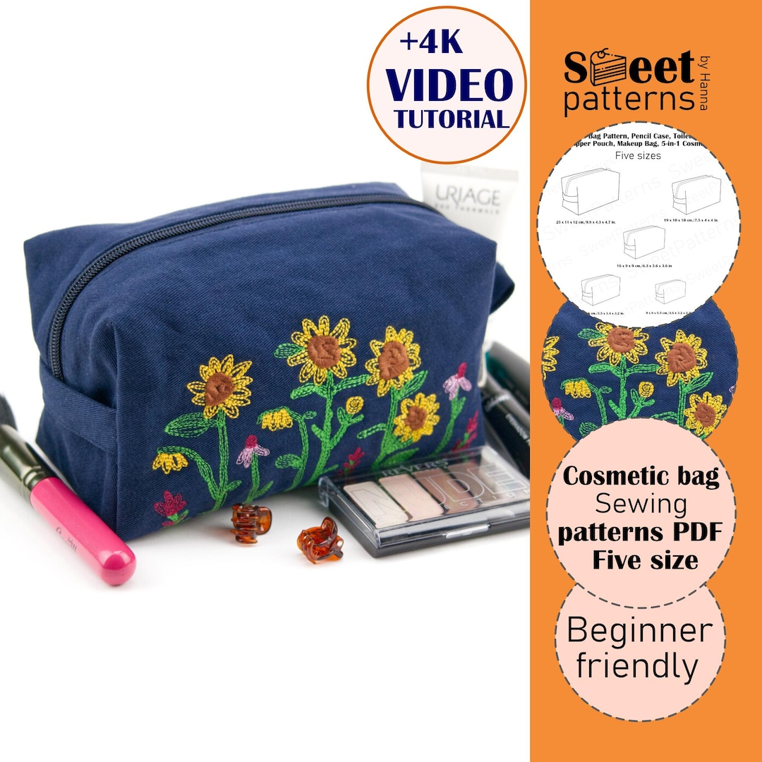 Cosmetic Pouch Sewing Pattern PDF With Embroidery, Makeup Bag PDF, 5 ...