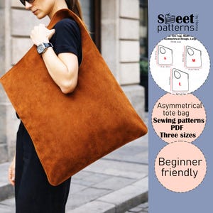 Modello PDF per borsa tote asimmetrica, modello PDF per borsa moderna da cucire, tutorial fotografico, modello di grande capacità, tre dimensioni,