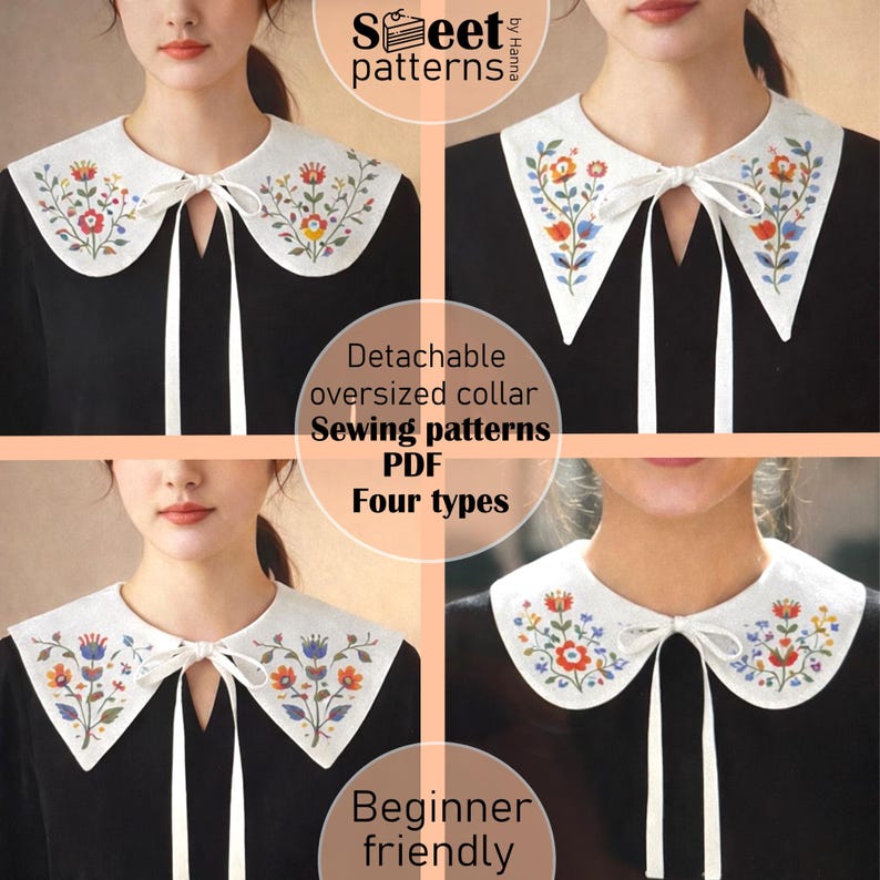 Collar Detachable Sewing Pattern PDF, 4 types, Women's Detachable Peter Pan, Oversized Pattern, Collar Sewing Pattern Bundle, False Collar image 1