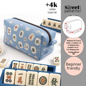 May include: A light blue fabric pouch featuring a repeating pattern of Mahjong tiles and cherry blossoms, with a dark brown zipper closure. The pouch is shown with a diagram indicating dimensions of 12 cm by 13 cm by 27 cm and Mahjong tiles.