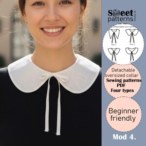 May include: A woman wearing a white detachable oversized collar with a bow. The collar is paired with a black top. The image also includes a graphic with sewing pattern diagrams and the text "Detachable oversized collar Sewing patterns PDF Four types Beginner friendly".