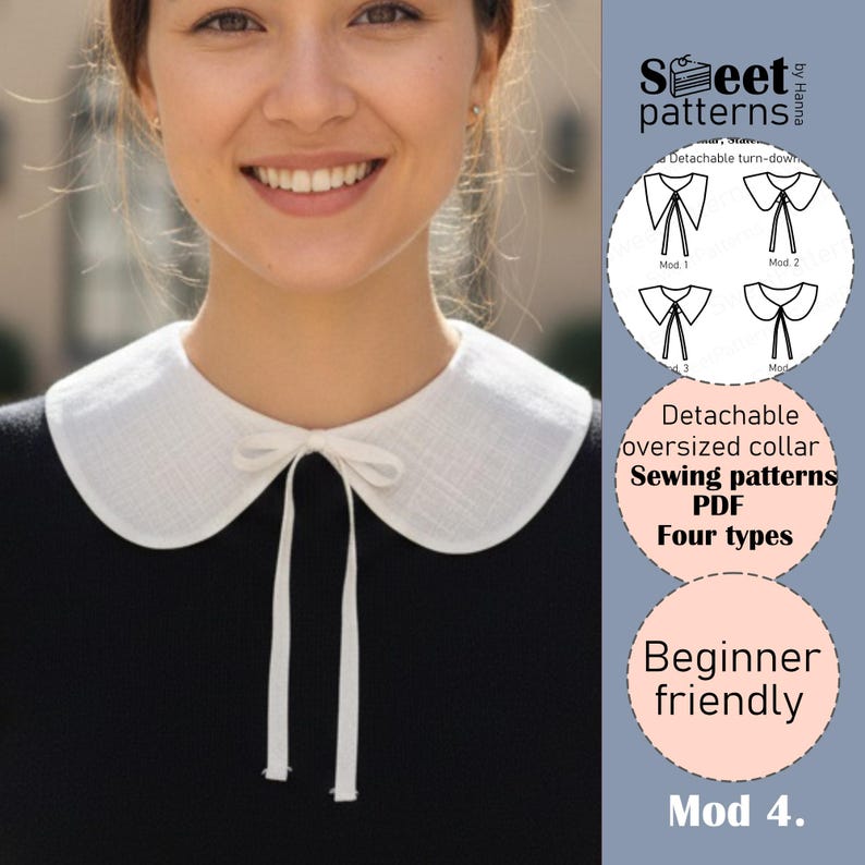 May include: A woman wearing a white detachable oversized collar with a bow. The collar is paired with a black top. The image also includes a graphic with sewing pattern diagrams and the text "Detachable oversized collar Sewing patterns PDF Four types Beginner friendly".