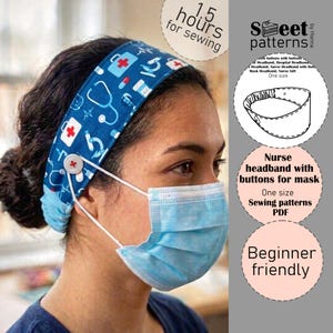 May include: A blue medical-themed headband with white buttons is worn with a face mask. The headband features medical symbols and text. The image also includes text that says "Nurse headband with buttons for mask".