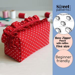 フリル付きジッパーポーチバッグの縫製パターンPDF、5サイズのクラシックボックスポーチPDF、初心者向けジッパーボックスバッグ、化粧品バッグ
