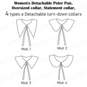 May include: Diagram of four detachable Peter Pan collars. Each collar design is outlined in black on a white background. The text at the top reads "Women's Detachable Peter Pan, Oversized collar, Statement collar, 4 types a Detachable turn-down collars."