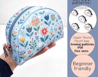 May include: A light blue, zippered pouch bag with a floral pattern. The bag has a blue zipper and a red and silver clasp. The image also includes text that says "Zipper Round Pouch bag Sewing patterns PDF Five sizes Beginner friendly."