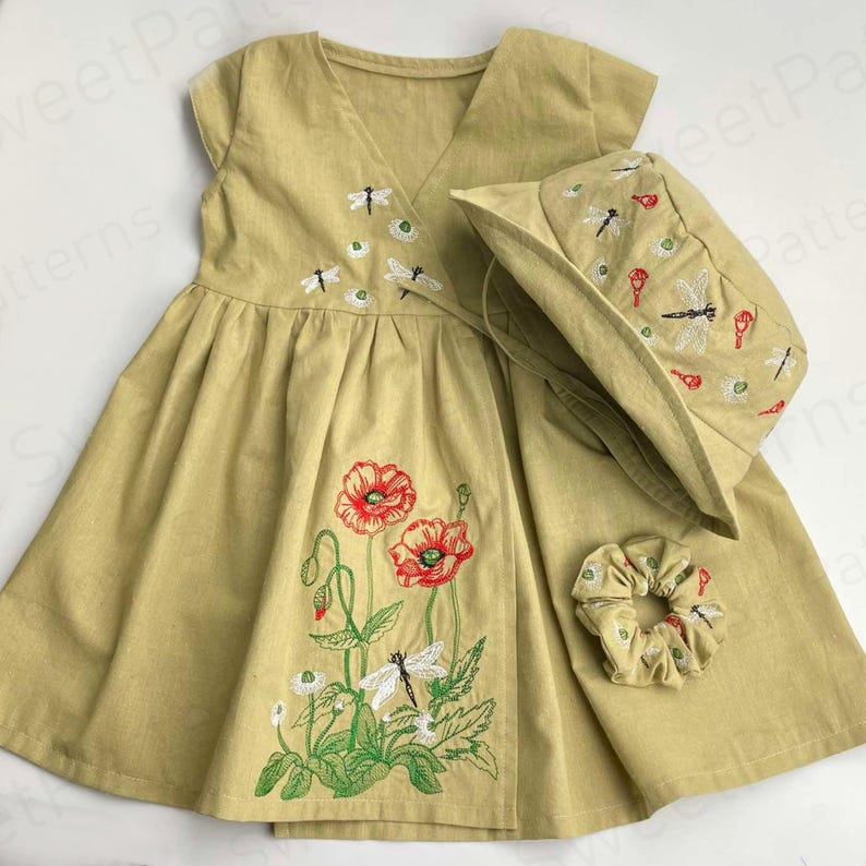 Kids Dress & Bucket Hat Sewing Pattern Set With Embroidery (PDF Pattern ...