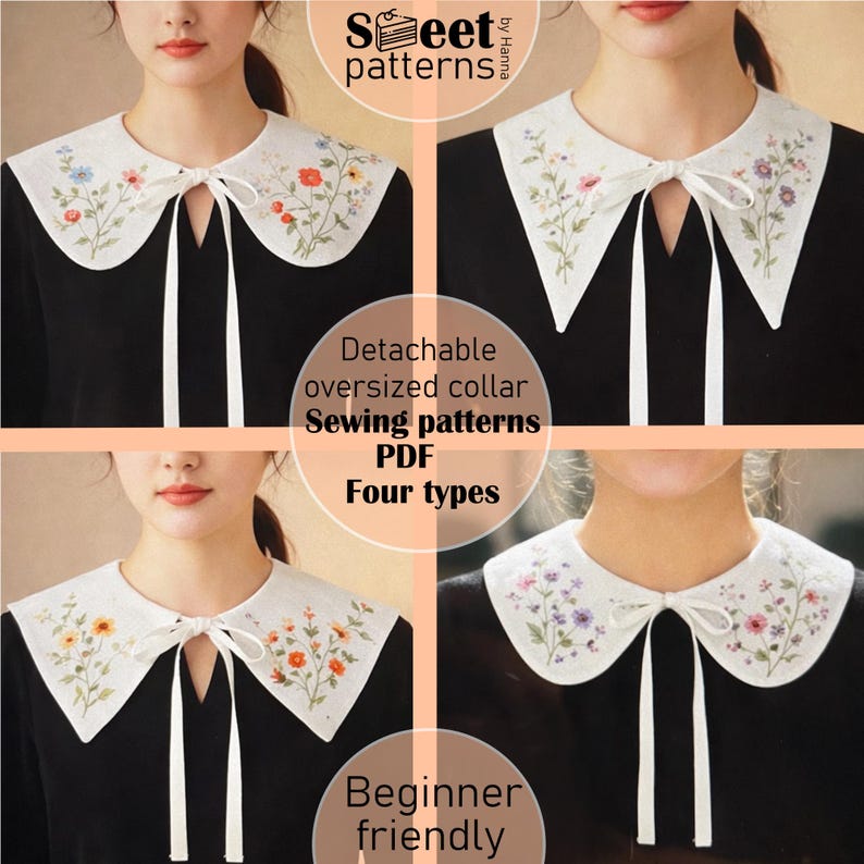 Collar Detachable Sewing Pattern PDF, 4 types, Women's Detachable Peter Pan, Oversized Pattern, Collar Sewing Pattern Bundle, False Collar image 3