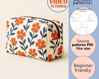 Cosmetic Pouch Sewing Pattern PDF , 5 Sizes Classic Boxy Pouch PDF Sewing Pattern , Zipper box bag for beginners, Video Tutorial