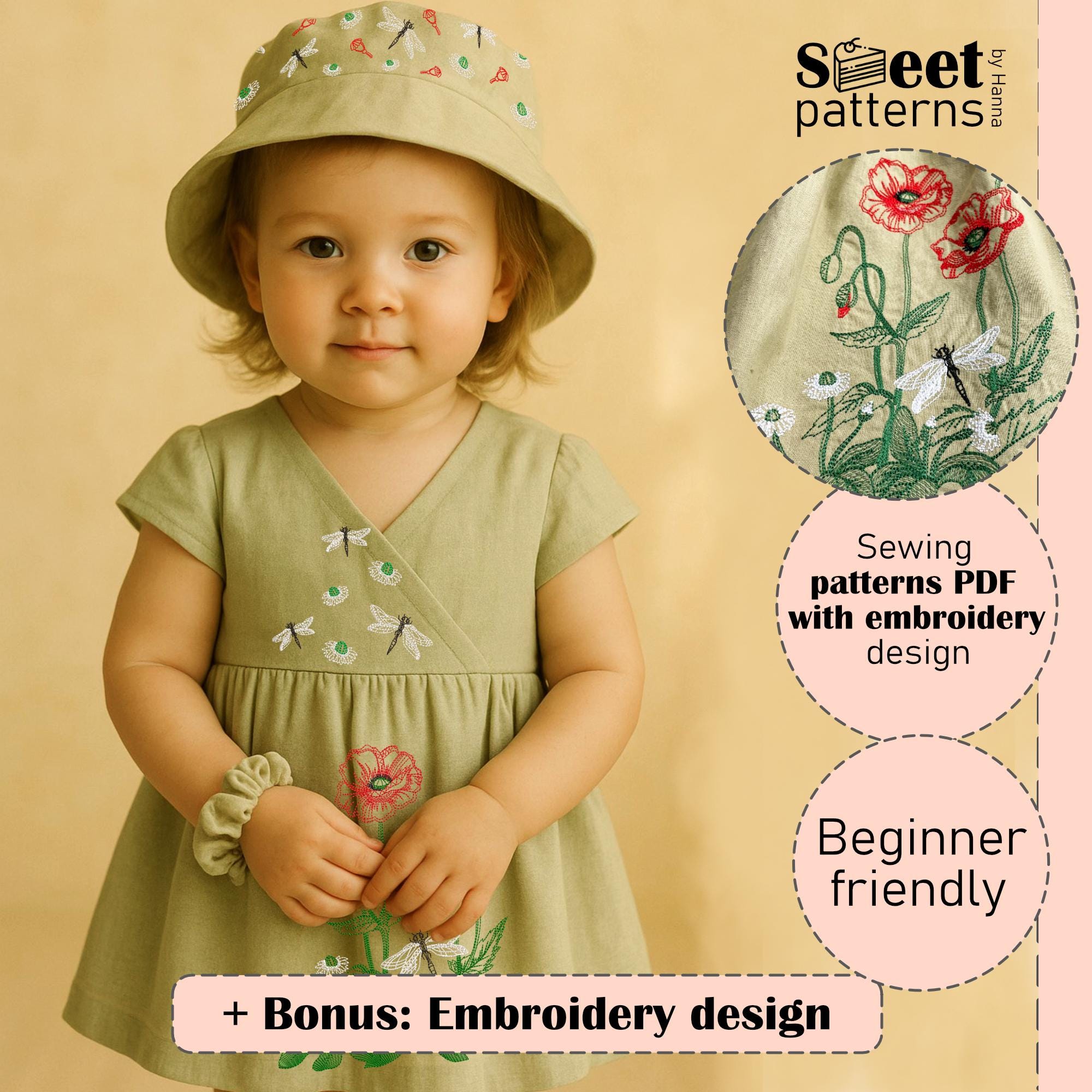 Kids Dress & Bucket Hat Sewing Pattern Set With Embroidery (PDF Pattern ...