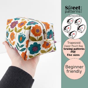 Cosmetic Pouch Sewing Pattern PDF , Trapezoid Boxy Pouch PDF Sewing Pattern , Zipper box bag for beginners, 5 sizes