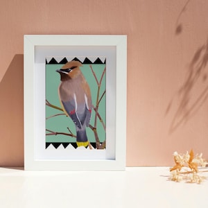 Cedar Waxwing Art Print | Cute Folk Art Wall Decor A6 Print