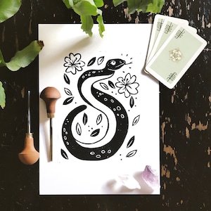 Snake Lino Print - Kundalini Art - Animal Art - Handmade Art - Hand Printed - A4