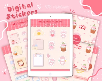 May include: A digital sticker set featuring cute illustrations of a pink sheep in various poses. The stickers include phrases like "You Are Love", "Have a Lovely Day", and "Good Job!" The set is designed in a pink and white colour scheme with a checkered pattern.