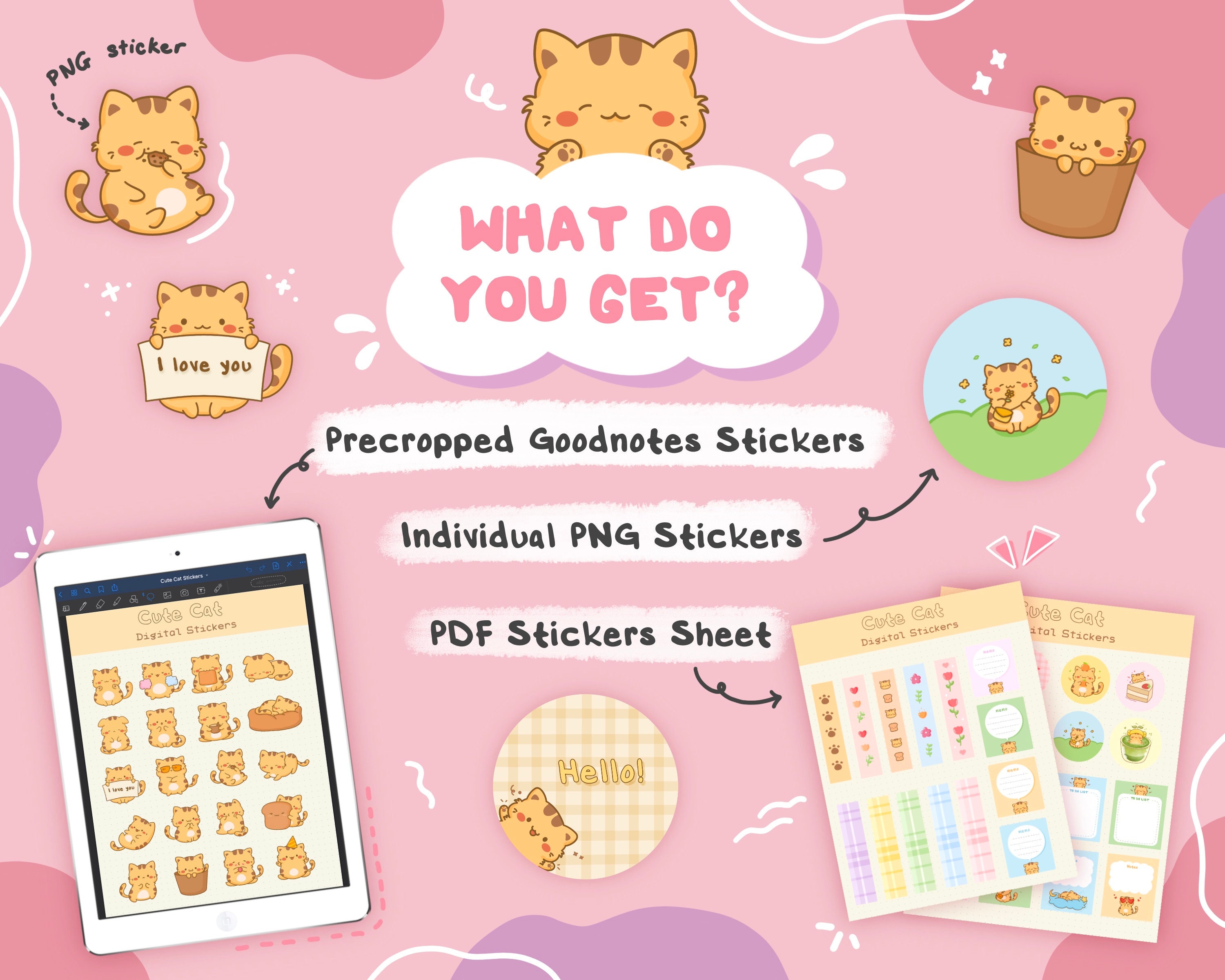 Cute Cat Digital Stickers for Goodnotes | Precropped Goodnotes Stickers ...