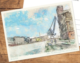 Postcard MS-ART » Münster: Port with old flechtheim storage and loading crane (2406-PK) Edition msart