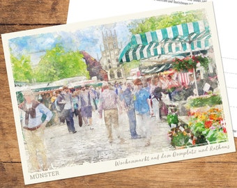 Postcard MS-ART » Münster: Weekly market on the cathedral square with town hall of the Peace of Westphalia (motif 016-2416-PK) Edition msart