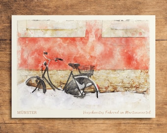 Postcard MS-ART » Münster: Snowy bicycle at the Red House in the Martiniviertel in winter (motif 015-2415-PK) Edition msart