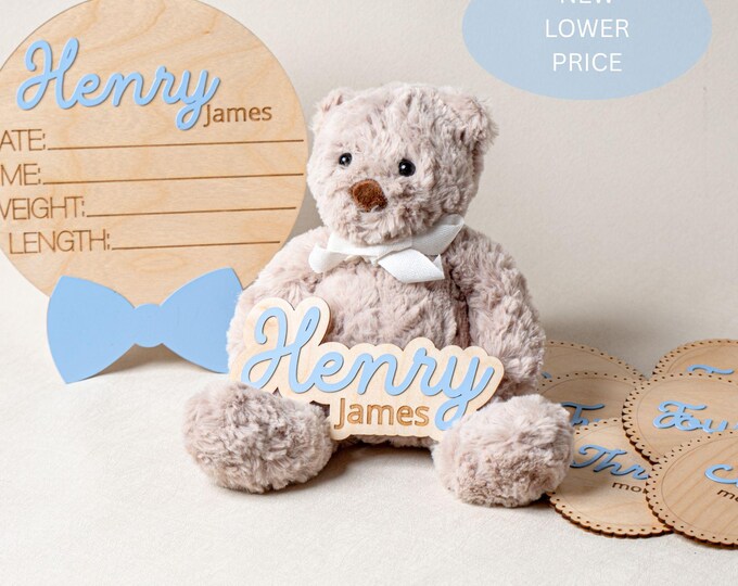 Personalized Baby Boy Birth Stats Sign Bundle Custom Name Sign Birth Details Wood And Acrylic Milestone Cards Newborn Photo Prop Gift