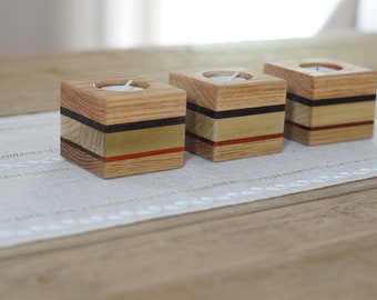 Handmade Wooden Tea Light Holder Rustic Candle Centerpiece Layered Wood Votive Handmade Housewarming Gift Modern Decor