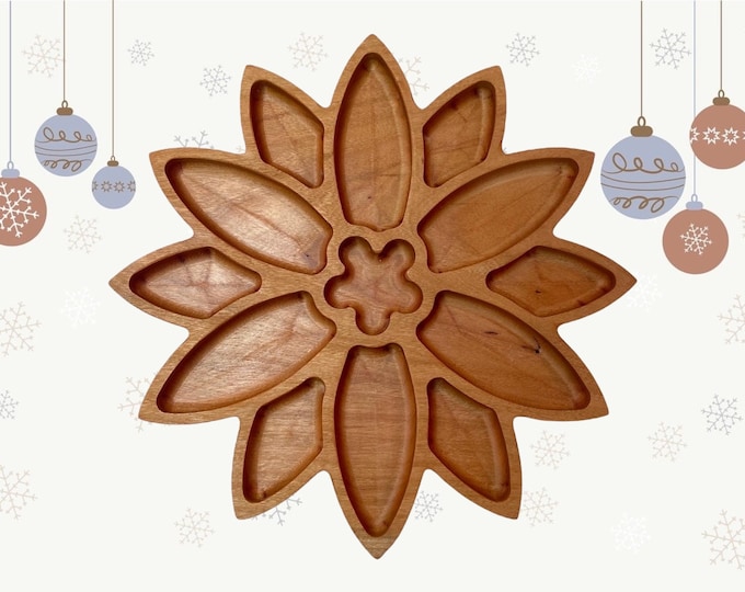 Poinsettia serving tray made from solid cherry wood.  Great for holiday entertaining.  Hostess gift or Secret Santa gift.