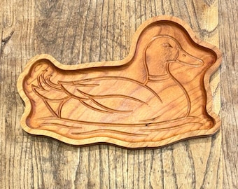 Carved Cherry Wood Duck Catchall Tray | Rustic Cabin Decor, Lake House Organization