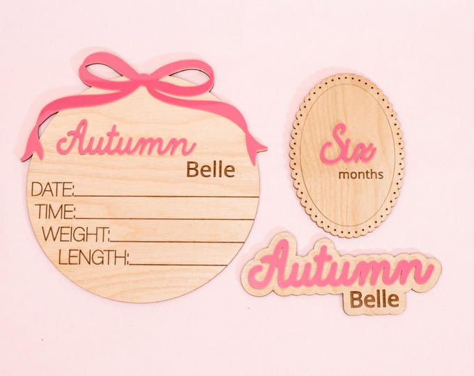 Wooden Birth Announcement Sign Girl Photo Prop Custom Coquette Bow Shower Gift First Year Milestone Tracker Newborn Hospital Name Sign