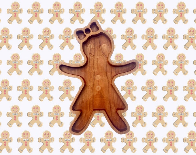 Gingerbread Woman Candy Tray, Solid Cherry Wood, Perfect for Christmas Parties, Unique Holiday Hostess Gift