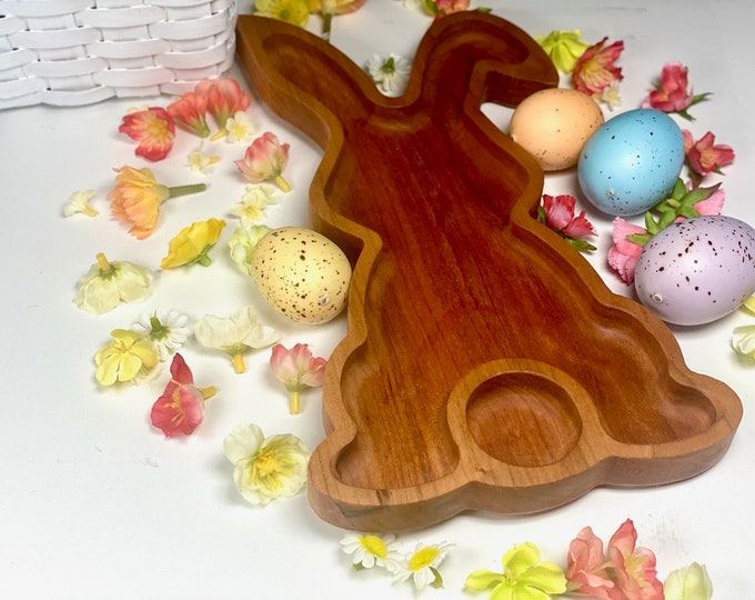 Easter bunny candy dish or snack tray; Bent ear bunny made from solid cherry wood; Food-safe finish; Add to your family Easter dinner table.