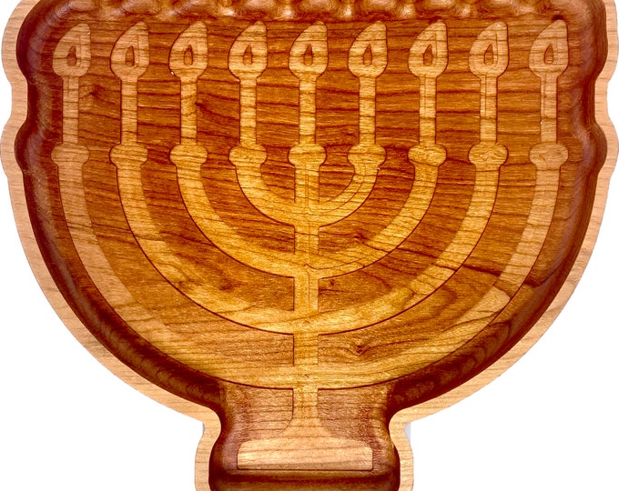 Menorah Cherry Wood Tray for Hanukkah Gift Home Decor Piece for Desk Catch All Judaica Gift Menorah Design Candy Dish Key Holder for Dresser