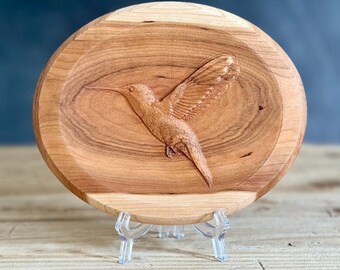 Hummingbird Wall Decor Nature Wall Decor Bird Design Plate Hummingbird Art Shelf Display Cherry Wood Shelf Bird Lover Gift