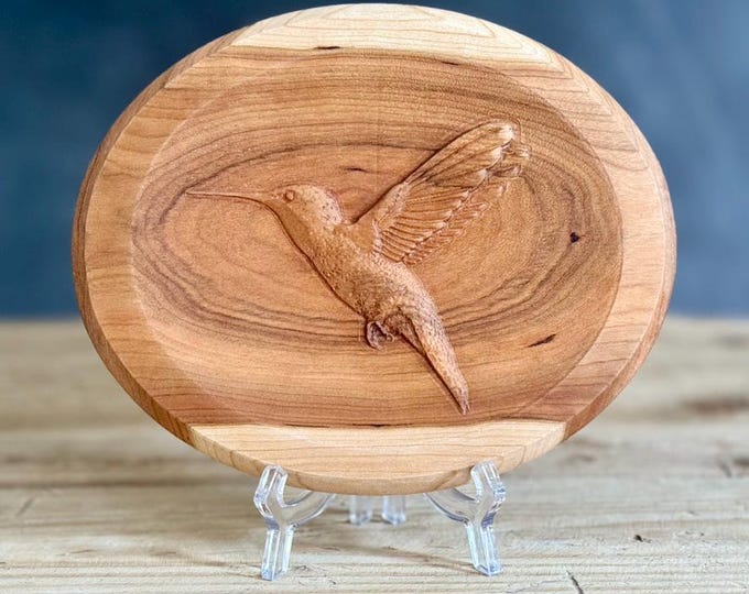 Hummingbird Wall Decor Nature Wall Decor Bird Design Plate Hummingbird Art Shelf Display Cherry Wood Shelf Bird Lover Gift