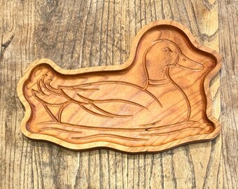 Carved Cherry Wood Duck Catchall Tray | Rustic Cabin Decor, Lake House Organization