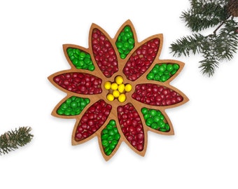 Cherry Wood Christmas Serving Tray with Elegant Poinsettia Design.