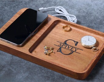 Personalized Wooden Valet Tray With Wireless Phone Charger Handmade Luxury Gift For Men Premium Quality Cherry Wood Organizer Home or Office
